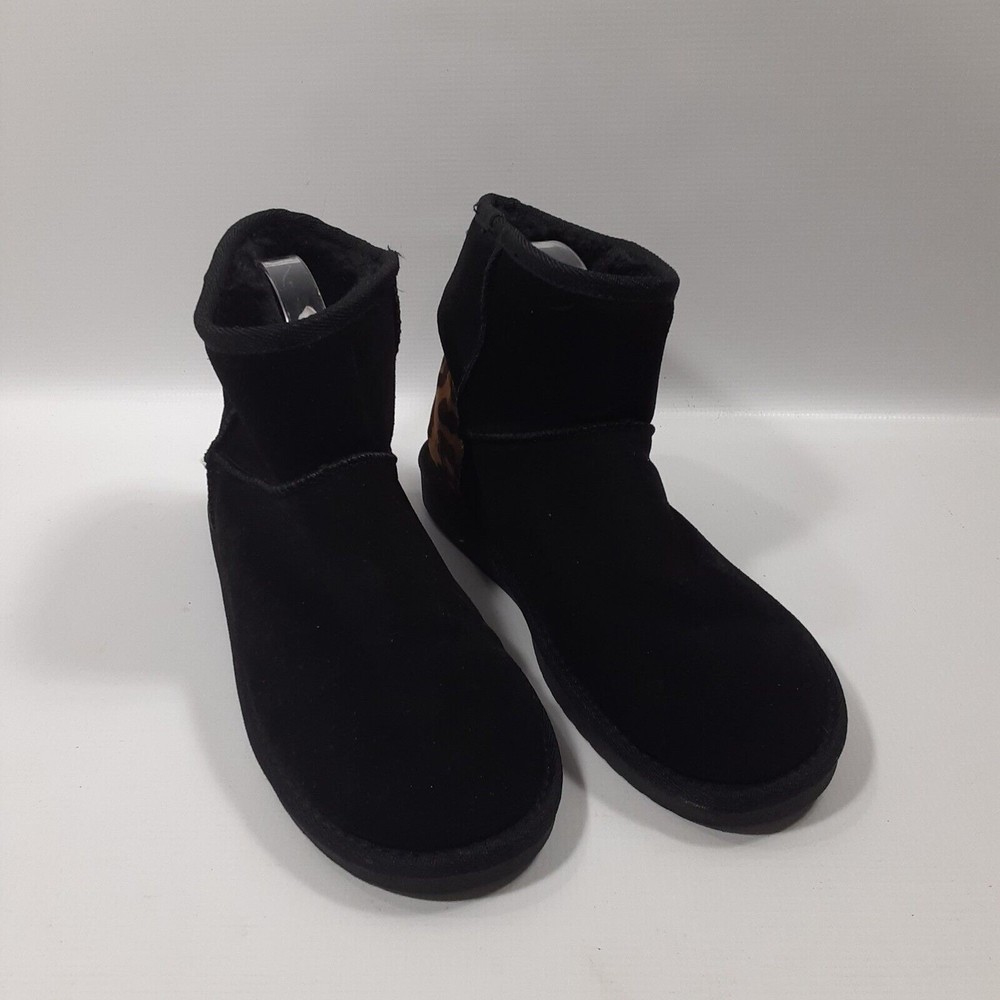 Serra size 8 black & leopard print faux fur lined leather slip on ankle booties